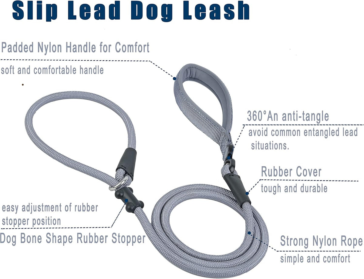 Slip Lead Dog Leash，Strong Nylon Rope Leash and Padded Handle,No Pull Outdoor Walking Training Lead