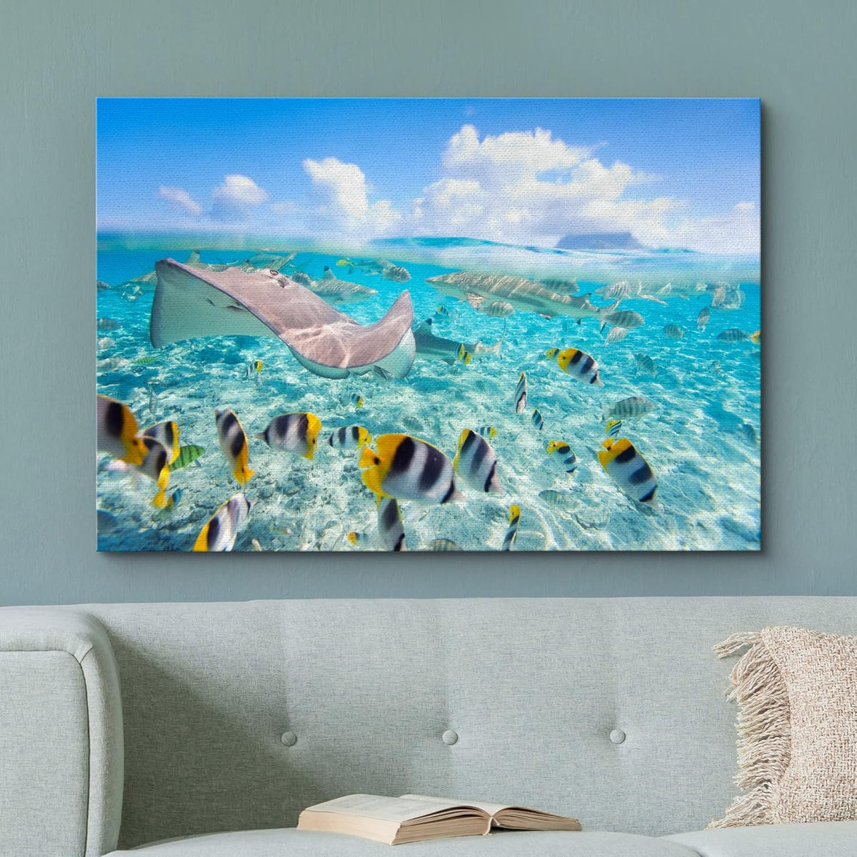 wall26 Canvas Print Wall Art Stingray & Striped Fish Under The Sea Nature Ocean Photography Realism