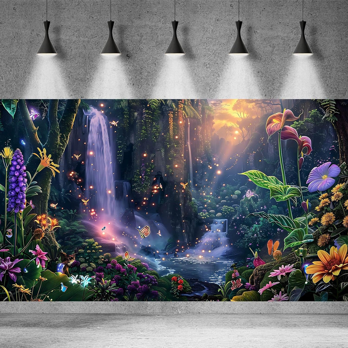 Fantasy Garden Aquarium Background Sunset Waterfall and Flowers Terrarium Backdrop Tropical Forest