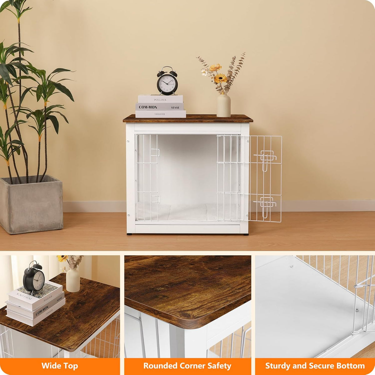 DWANTON Dog Crate Furniture with Cushion, Wooden Kennel Table with Double Doors, Indoor Dog House