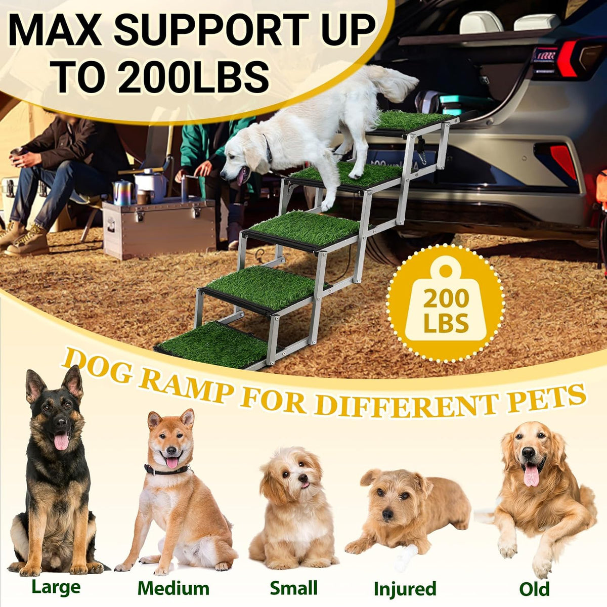 Dog Stairs for Car, Portable Folding Dog Ramps,Dog Steps for Large Dogs with Non-Slip Grass Rug for