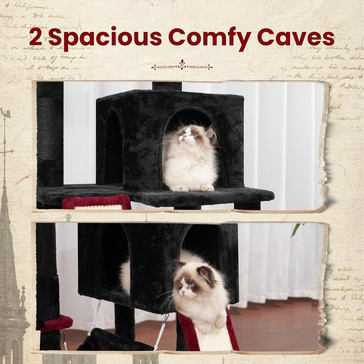Cat Tree for Indoor Cats, 71'' (180cm) Multi-Level Cat Tower for Large Adult, Gothic Sturdy Cat