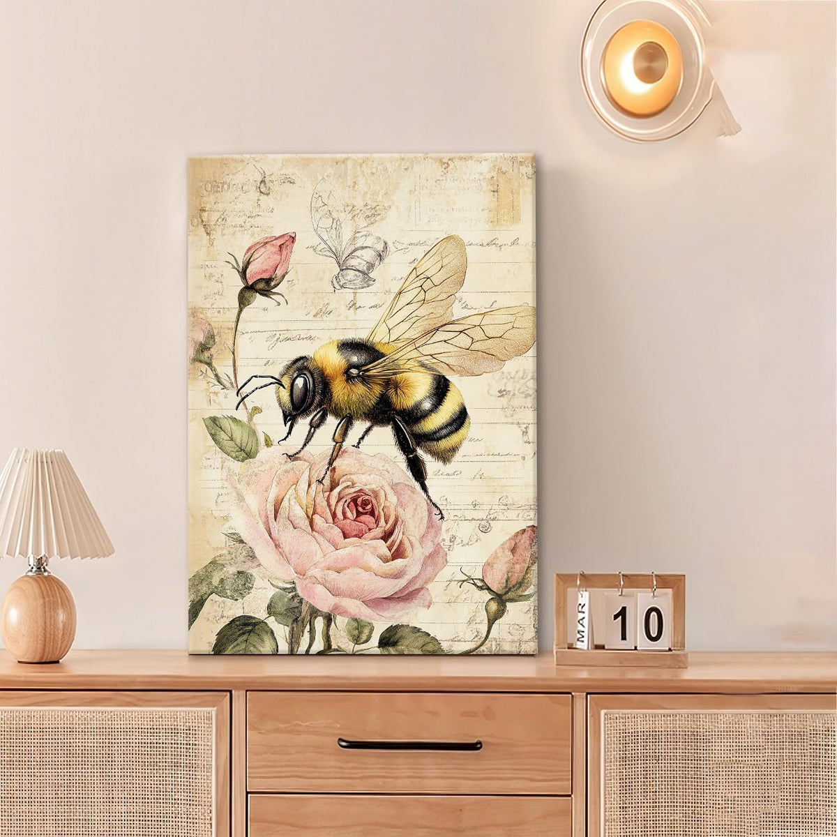 Rustic Bee Bathroom Pictures Wall Art, Vintage Floral Bathroom Wall Decor, Pink Rose Flower Framed