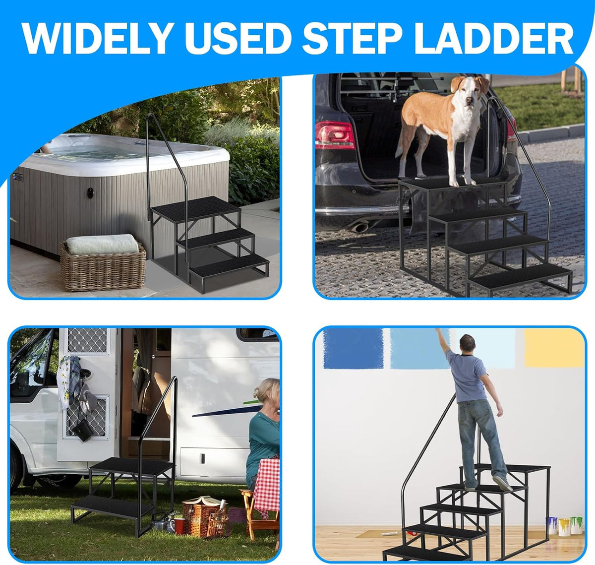 RV Step Stool, 4 Step Ladder, Hot Tub Steps with Handrail, Portable Pool Ladder, 660Lbs Heavy Duty