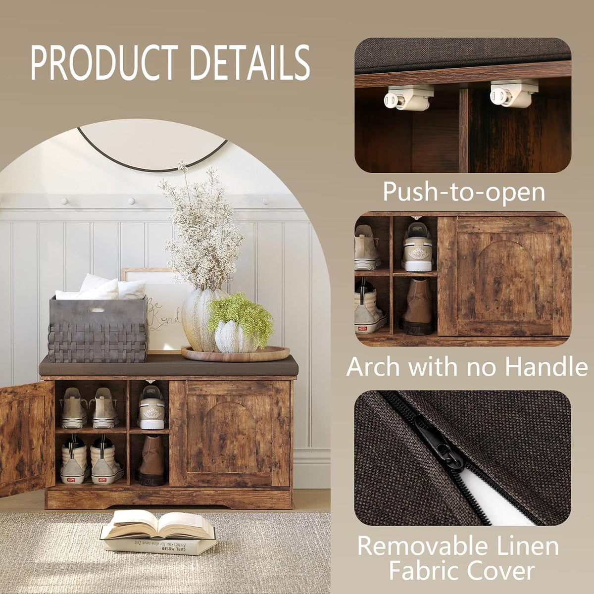 DINZI LVJ Shoe Bench, Entryway Storage Bench with Doors, Cushion, 2-Tier Shoe Rack with 6-Cubby