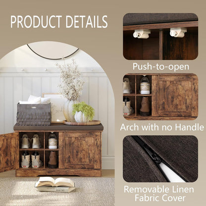 DINZI LVJ Shoe Bench, Entryway Storage Bench with Doors, Cushion, 2-Tier Shoe Rack with 6-Cubby