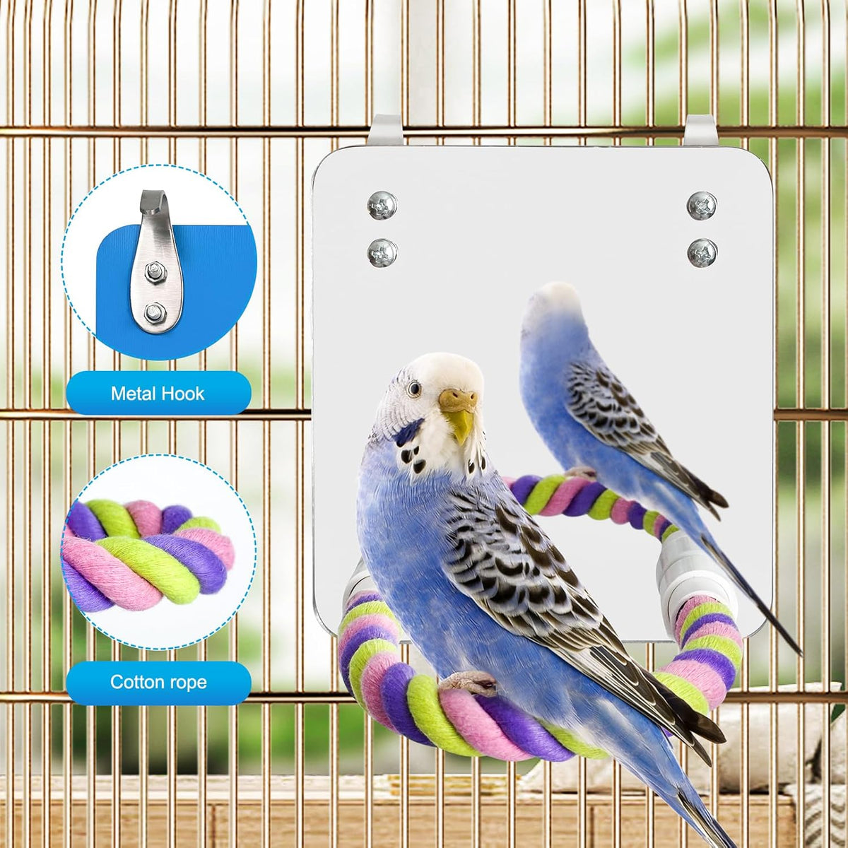 5.9" Bird Mirror with Rope Perch Bird Toys Swing, Comfy Perch for Greys Amazons Parakeet Cockatiel