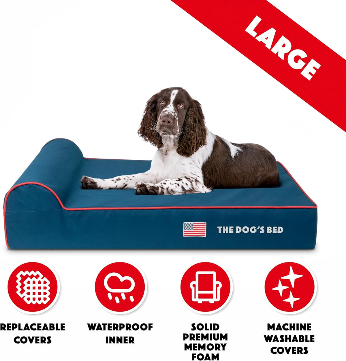 The Dog’s Bed Orthopedic Headrest Dog Bed Large Blue Oxford with Red Trim US Flag Dog Bed 40x25