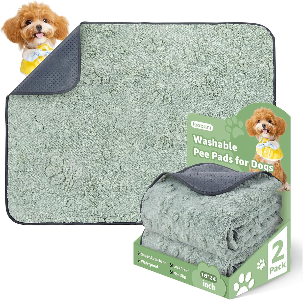 LOOBANI Washable Pee Pads for Dogs: 2 Pack Super Absorbent Reusable Puppy Pads, Leakproof and
