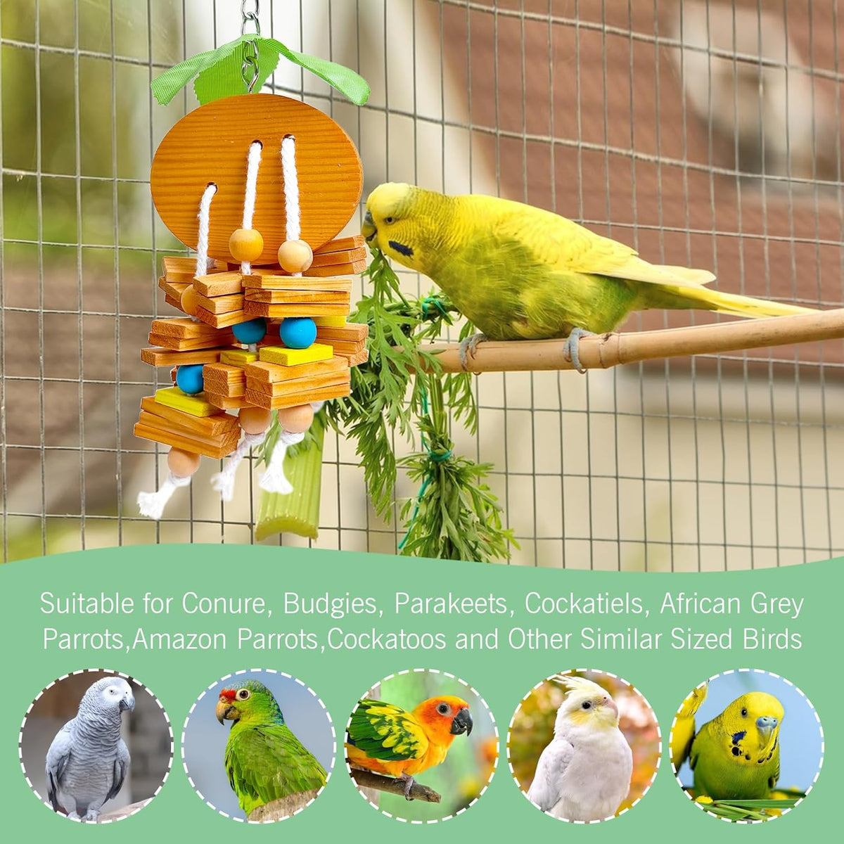 Hamiledyi Natural Wood Block Bird Cage Toys Parrot Chewing Toy Orange&Apple& Banana&Grapes Shaped