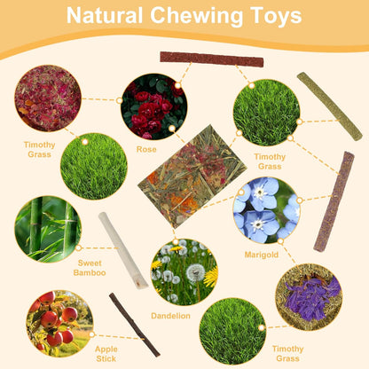 65PCS Rabbit Bunny Guinea Pig Chew Toys Treats, Chinchilla Hamster Chews Toys for Teeth, Timothy
