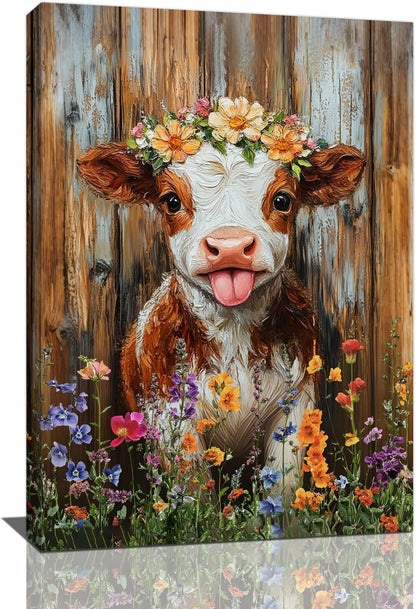 Funny Cow Bathroom Pictures Wall Art, Rustic Brown Cute Cow Bathroom Wall Decor, Farmhouse Floral