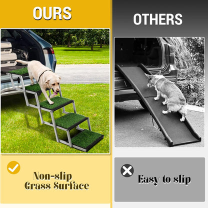Dog Stairs for Car, Portable Folding Dog Ramps,Dog Steps for Large Dogs with Non-Slip Grass Rug for