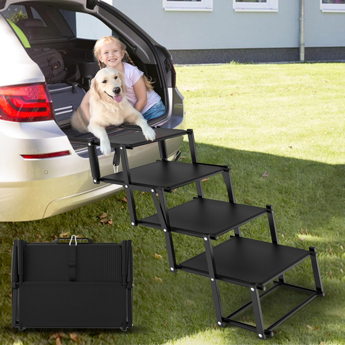 Extra Wide Dog Stairs for Large Dogs, Foldable Dog Ramp for Car with Non-Slip Surface, Lightweight