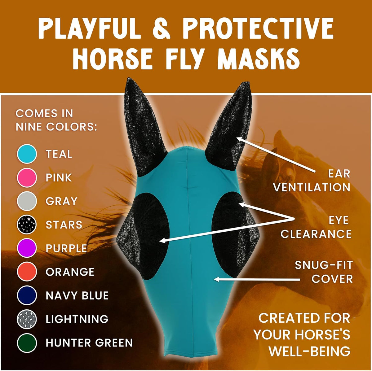 Horse Fly Mask - Arab Equine Fly Mask with Full Coverage for Eye & Ear - Stretchable, UV & Sun