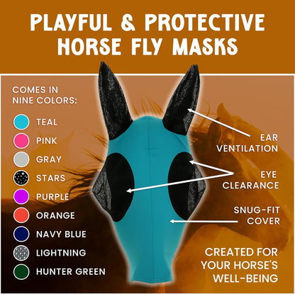 Horse Fly Mask - Durable Equine Fly Mask with Full Coverage for Eye & Ear - Stretchable, UV & Sun