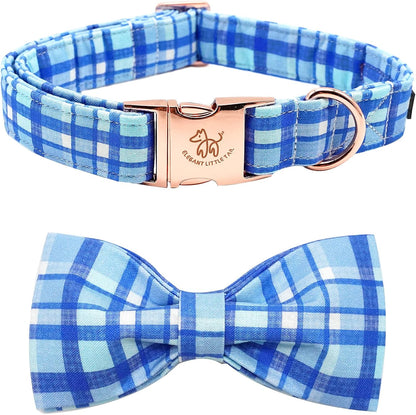 Elegant little tail Dog Collar with Bow - Blue Plaid Boy Dog Collar Cute Bowtie Pet Collar