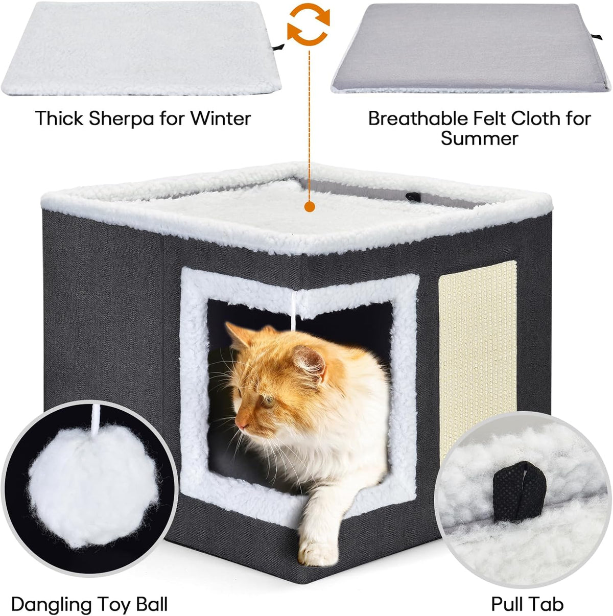 petizer Cat Bed for Indoor Cats, Large Covered Cat House with Scratch Pad, Foldable Cat Cave Bed &
