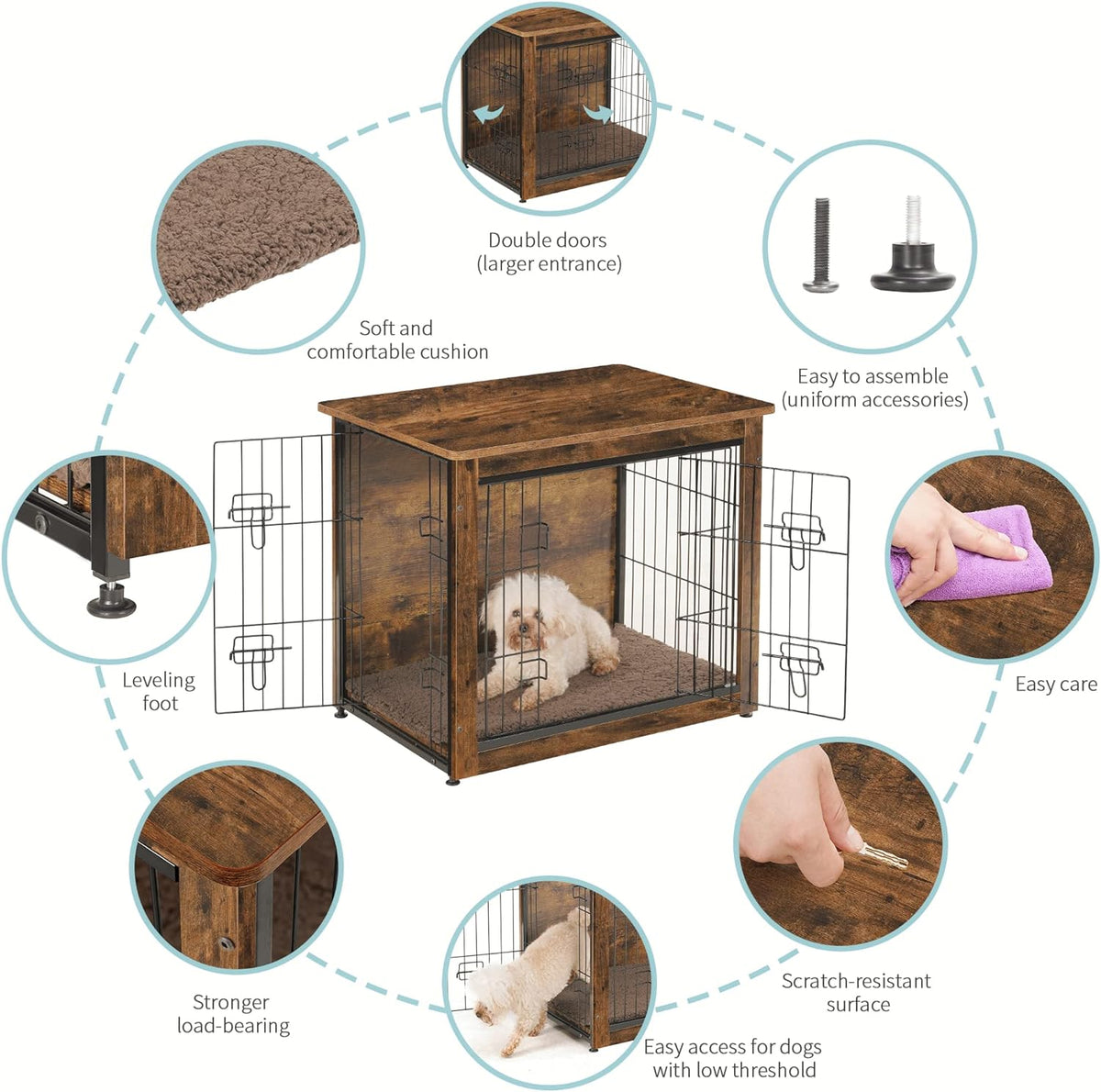 DWANTON Dog Crate Furniture with Cushion, Wooden Kennel Table with Double Doors, Indoor Dog House