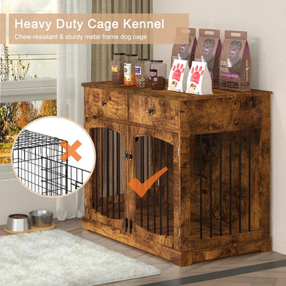 BREEZEHEAT 40 inch Dog Crate Furniture-Farmhouse Dog Kennel with Drawers-End Table Wooden Pet