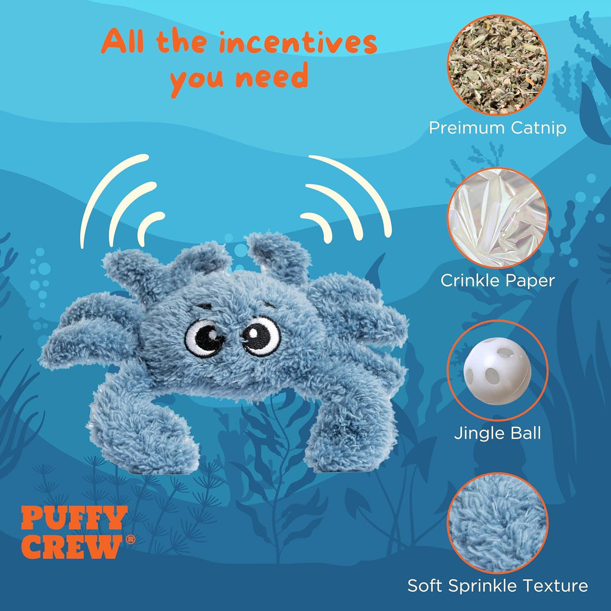Interactive Catnip Cat Plush Toy, Ocean Theme, 5'', for All Breed Size Cats (Crab)