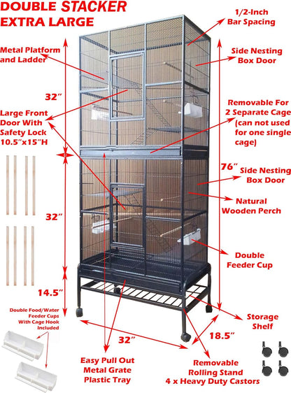 Extra Large Double Stacker Breeding Flight Bird Wrought Iron Separate Parrot Bird Cage Side Nesting