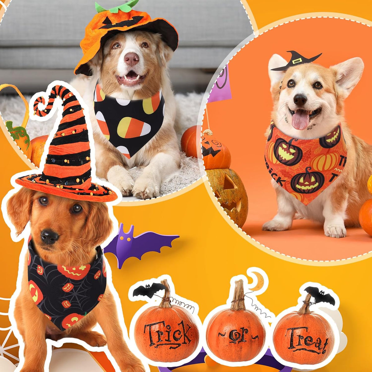 Abbylike 100 Pcs Halloween Dog Bandanas Bulk Pumpkin Bandanas for Dogs Triangle Kerchief Bibs Scarf