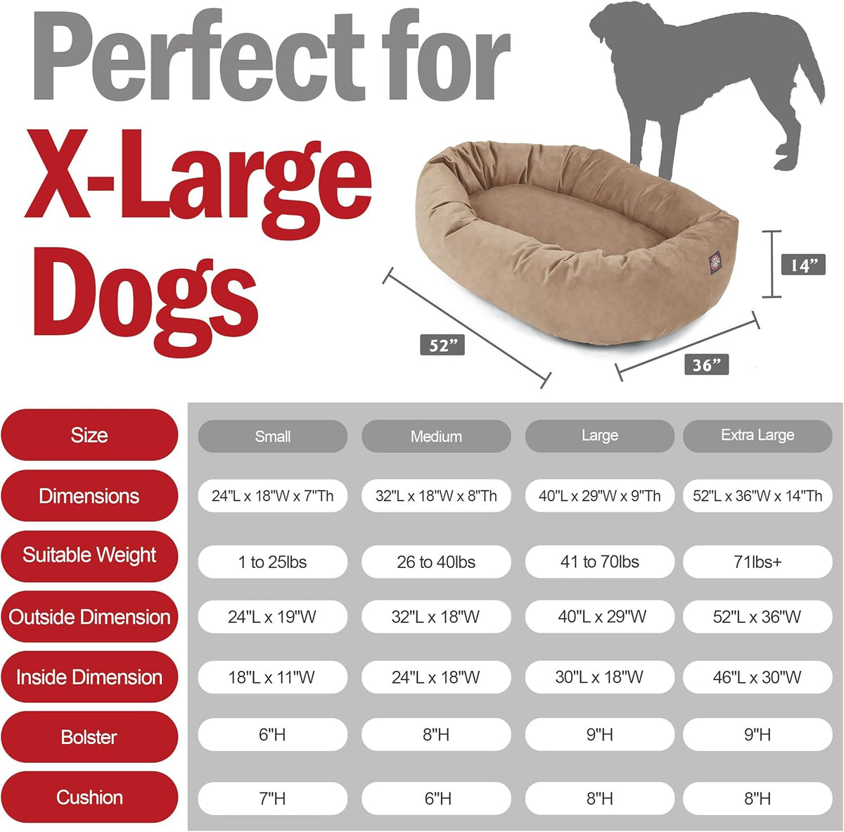 Majestic Pet 52 Inch Suede Shredded Memory Foam Mix Calming Extra Large Dog Bed Washable 52 x 35 x