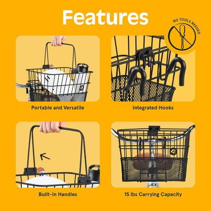 Retrospec Apollo Detachable Front Bike Basket Steel Half-Mesh with Integrated Detachable Hooks and