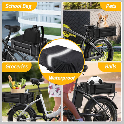 Bike Basket Rear with Liner,Waterproof Cover,Cargo Net Large Rear Bike Basket,Heavy Duty Bicycle