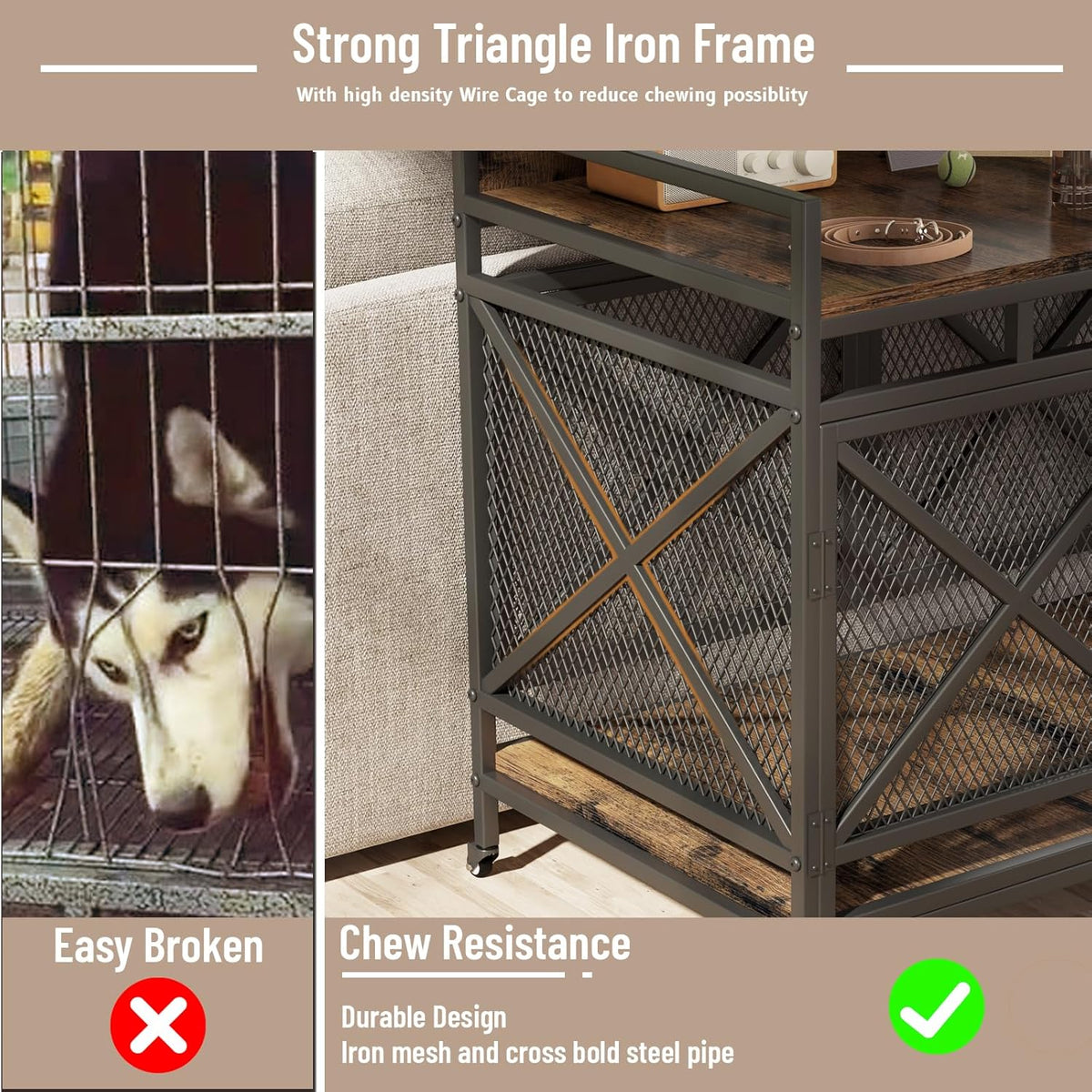 COZPAW Large Dog Crate Furniture, 48 Inch Wooden Dog Kennel for XLarge Dogs, Heavy Duty Dogs