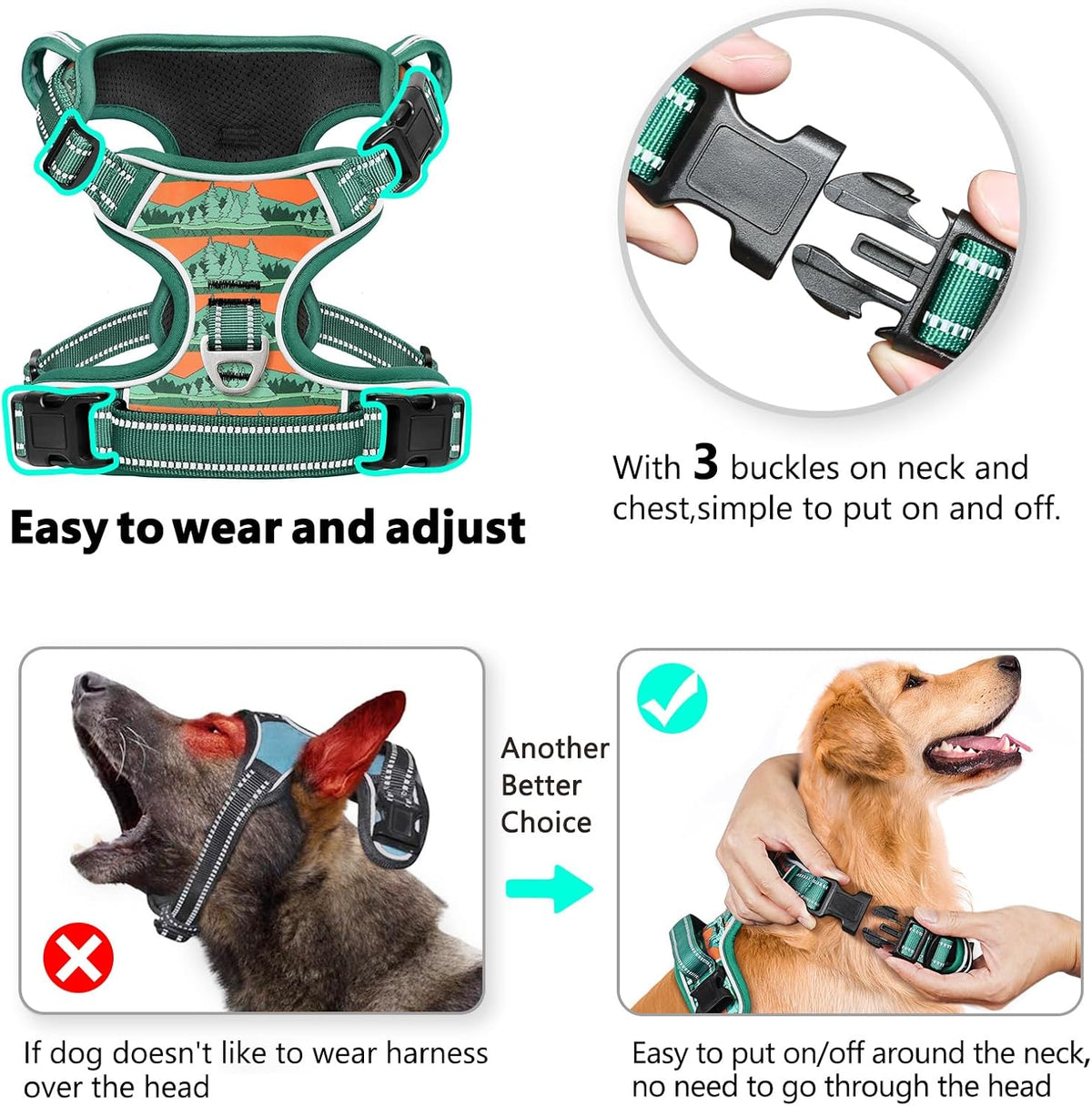 Timos No Pull Dog Harness,No Choke Front Clip Dog Reflective Harness,Adjustable Soft Padded Pet