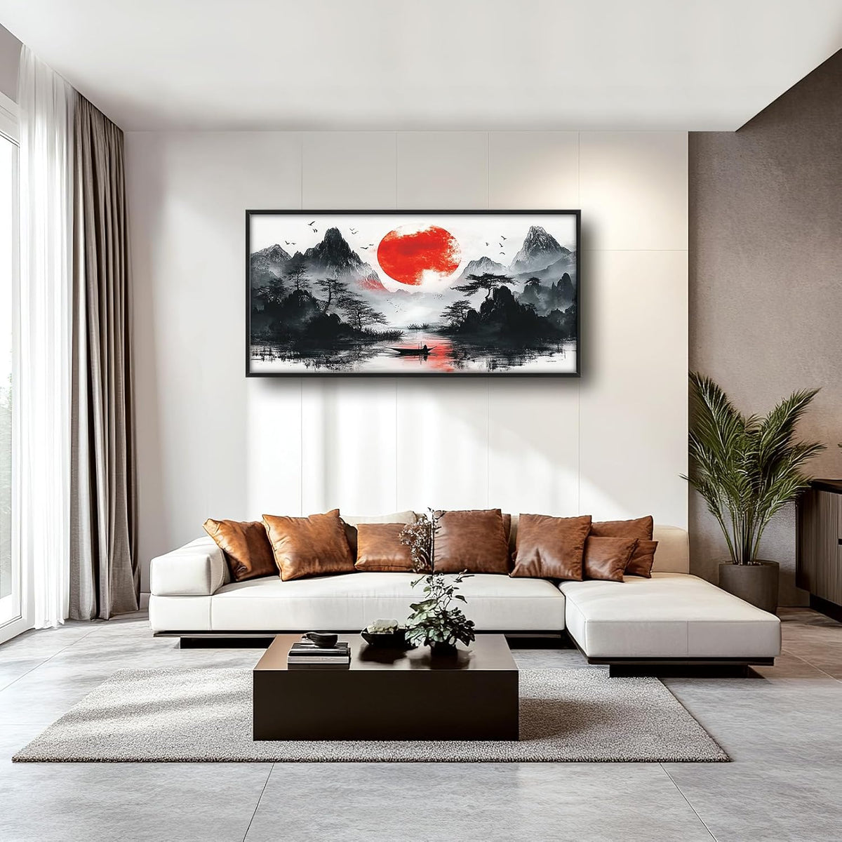 Framed Large Japanese Mountain Wall Art for Living Room, Oversized Asian Red Sun Lake Landscape