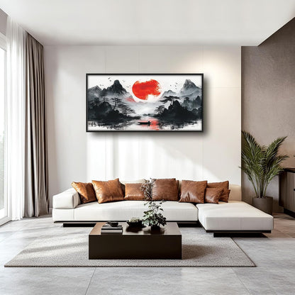 Framed Large Japanese Mountain Wall Art for Living Room, Oversized Asian Red Sun Lake Landscape