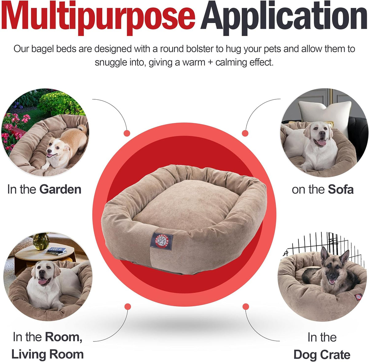 Majestic Pet 40 Inch Micro Velvet Calming Dog Bed Washable – Cozy Soft Round Dog Bed with Spine for