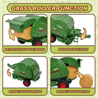 Farm Tractor Toys Set Bale Haying Round Baler with Barn Farmer,Cow,Farm Tools,Tree Farm Tractor Pla