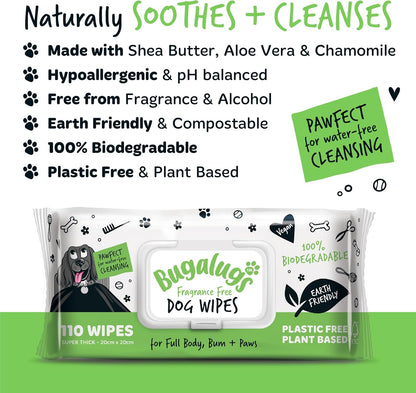 BUGALUGS Dog Wipes, 100% Plastic Free Biodegradable pet Wipes for Full Body, Eye Wipes, Ear Wipes