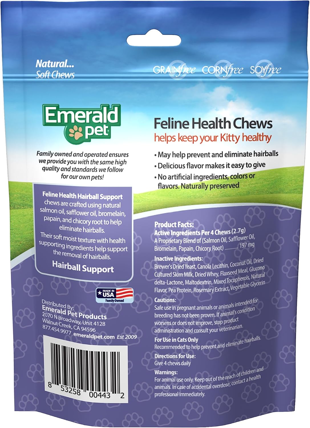 Emerald Pet Feline Health Chews Hairball Support — Natural Grain Free Feline Hairball Control Chews
