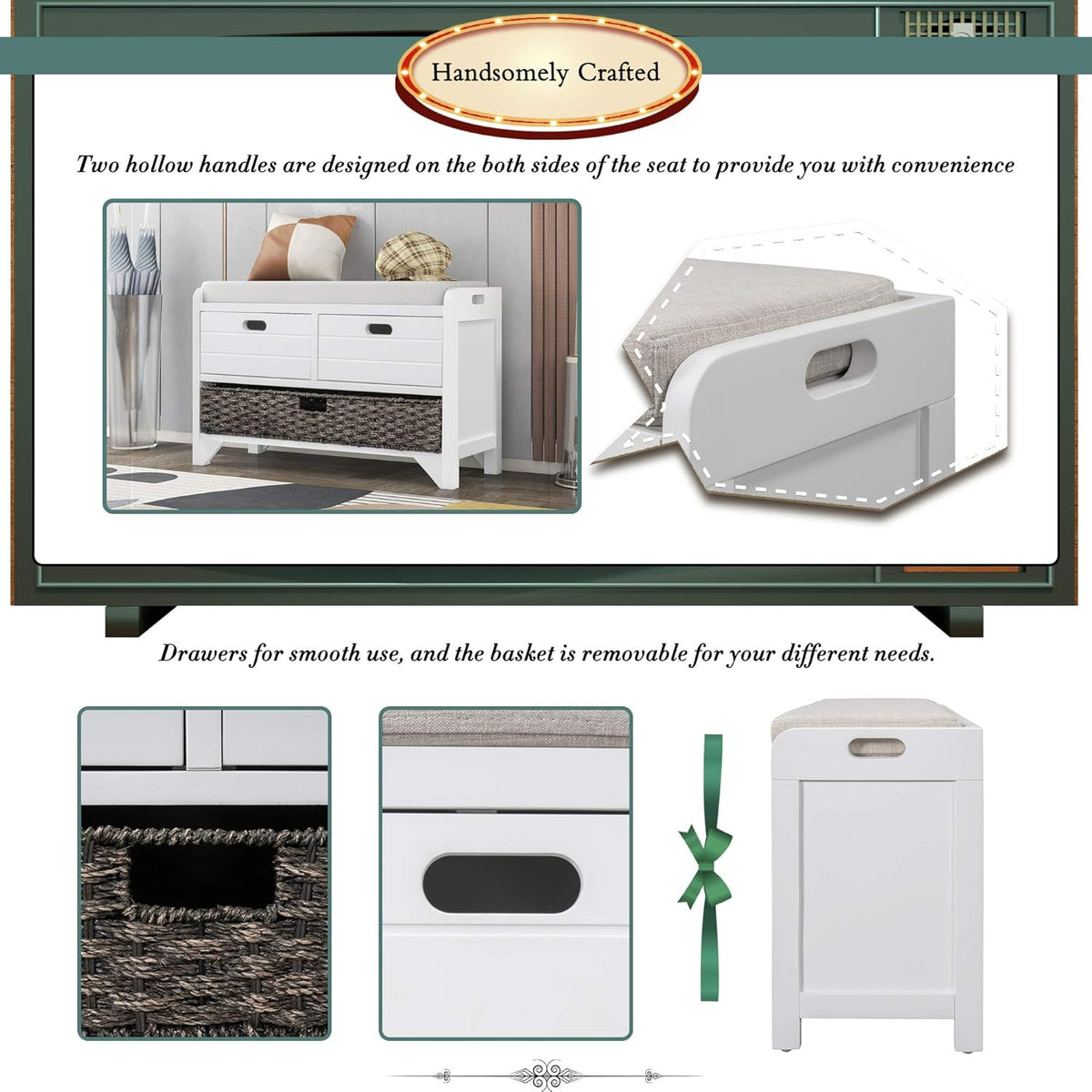Storage Bench Removable Basket 2 Drawers Fully Assembled Acacia Wood Shoe Bench Standing Shoe Rack
