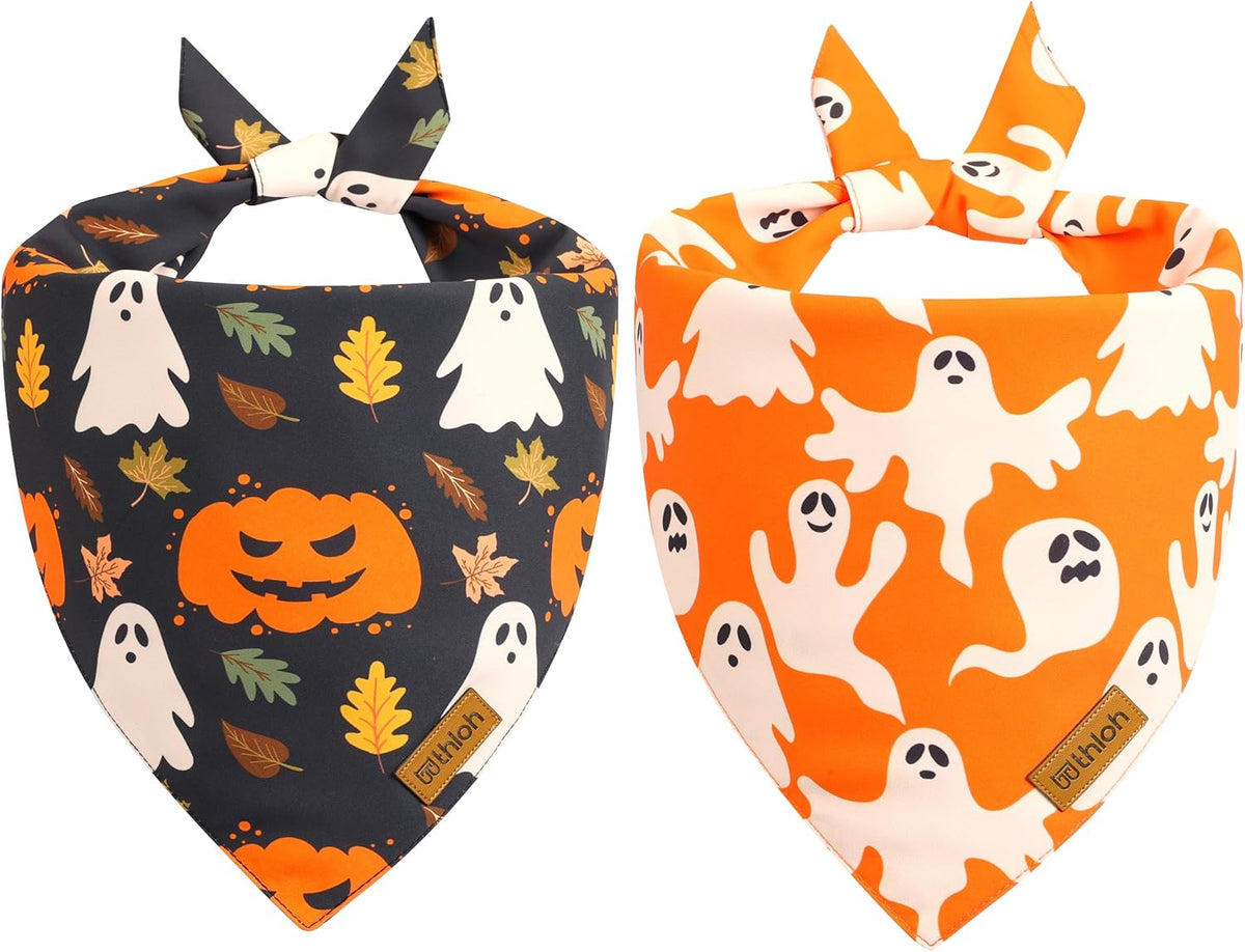 Halloween Dog Bandanas - 2 Pack Fall Dog Bibs | Reversible Pumpkin and Ghost Pet Scarf for Boys and