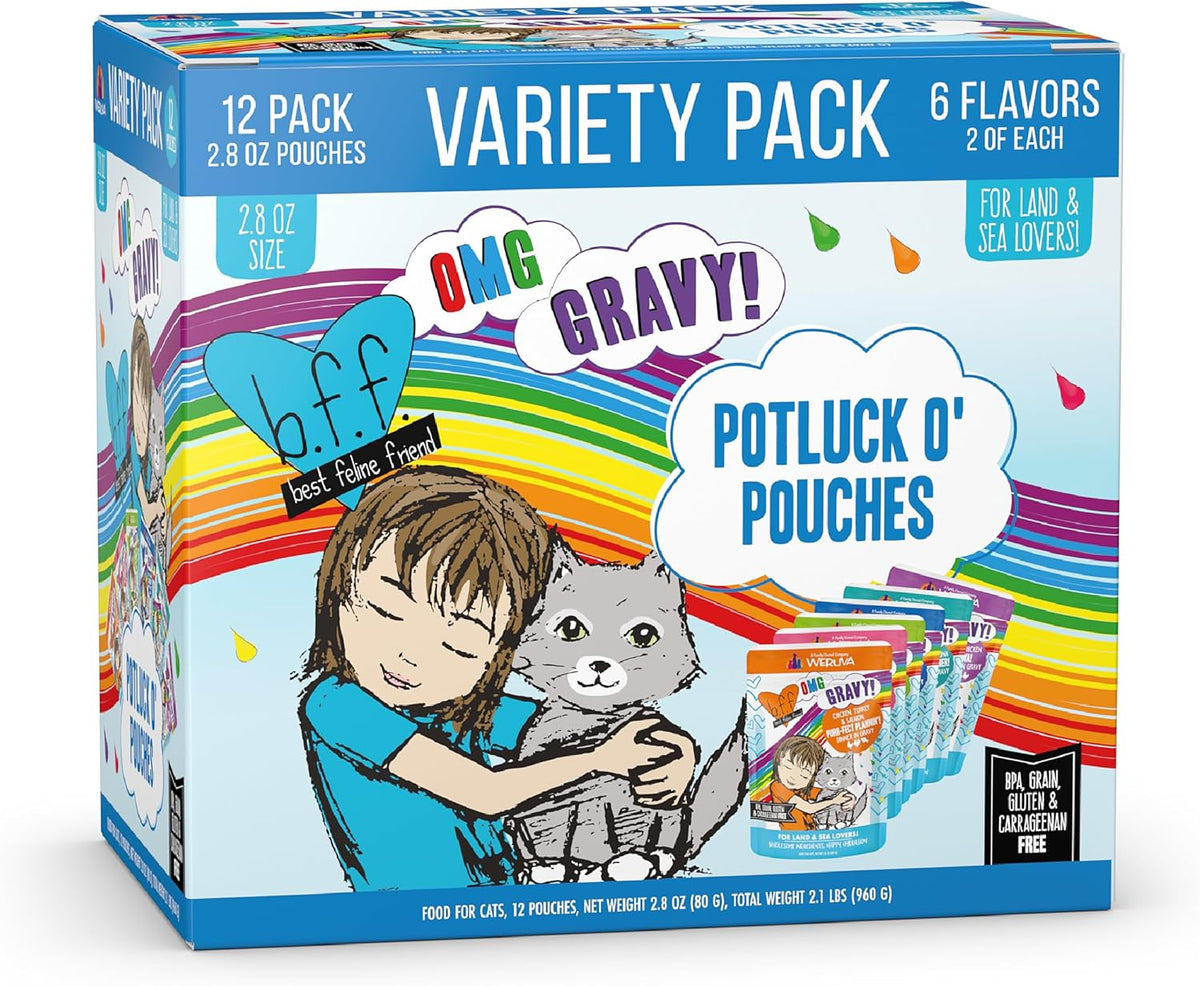 Weruva B.F.F. OMG - Best Feline Friend Oh My Gravy!, Variety Pack, Potluck O' Pouches, Wet Cat