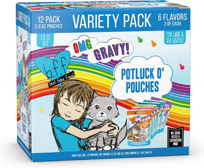 Weruva B.F.F. OMG - Best Feline Friend Oh My Gravy!, Variety Pack, Potluck O' Pouches, Wet Cat