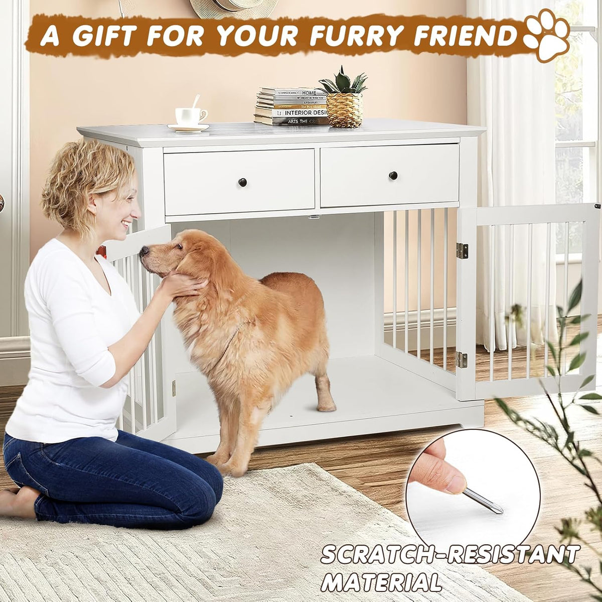 PUKAMI 44inch Dog Crate Furniture with Drawers,Wooden Dog Kennel Furniture for Large Breed,White