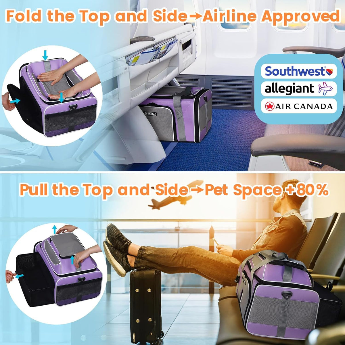 Petskd Top and Side Expandable Pet Carrier 19x13x9 Inches Southwest Allegiant Airlines Approved