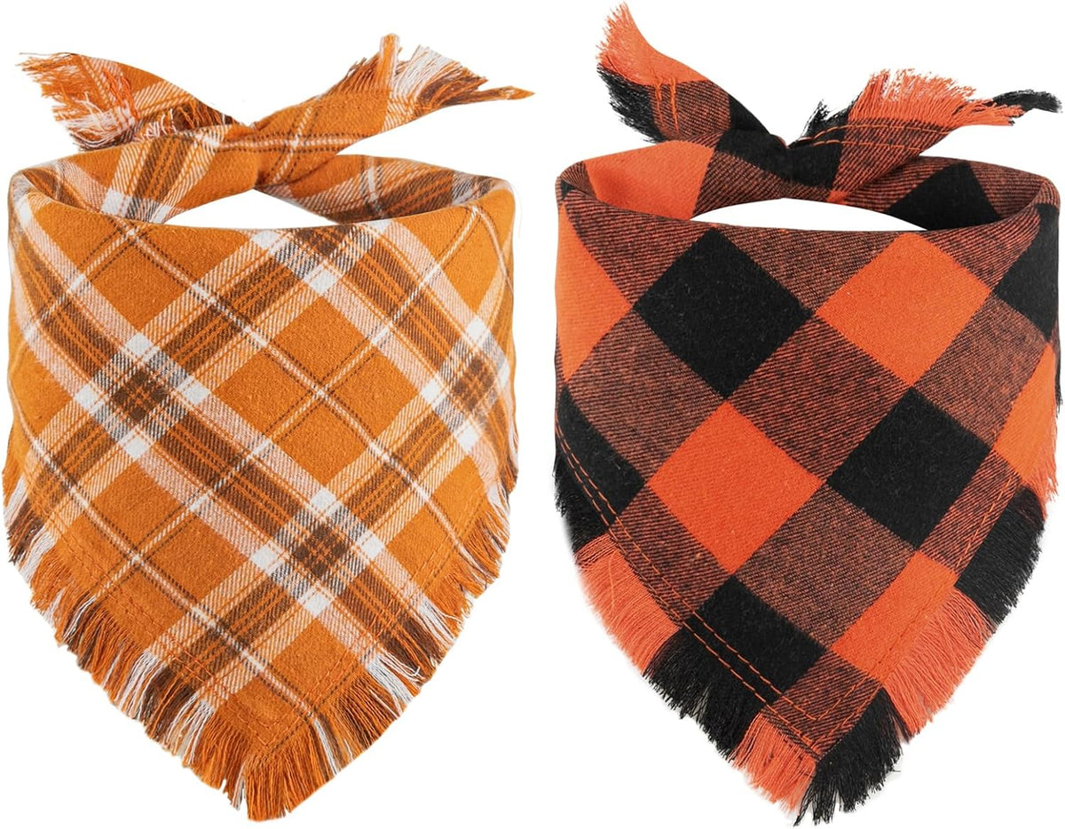 Kytely Fall Dog Bandana 2 Pack, Halloween Thanksgiving Dog Bandanas, Orange Plaid Pet Scarf for Boy