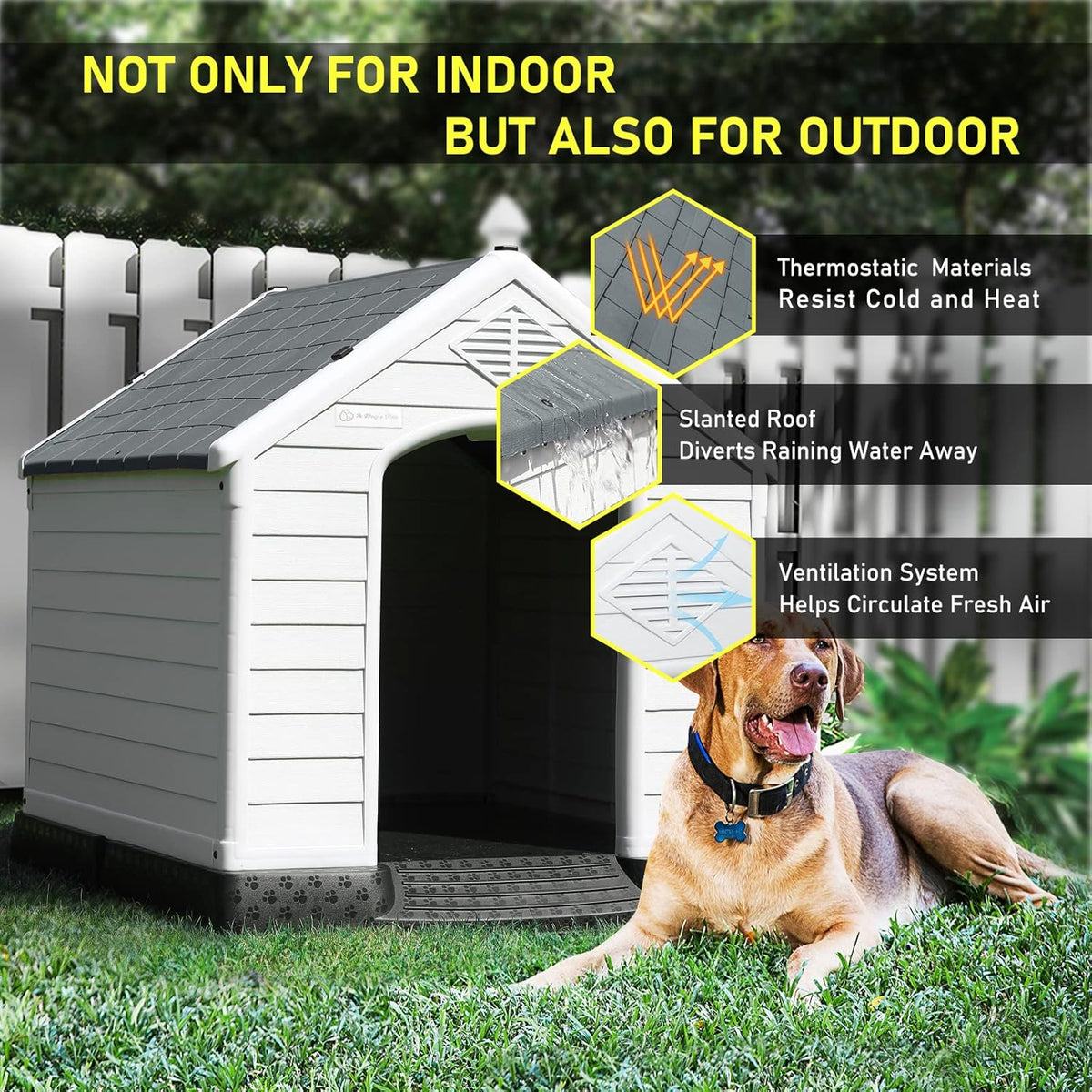 LEMBERI Durable Waterproof Plastic Dog House for Small to Large Sized Dogs, Indoor Outdoor Doghouse