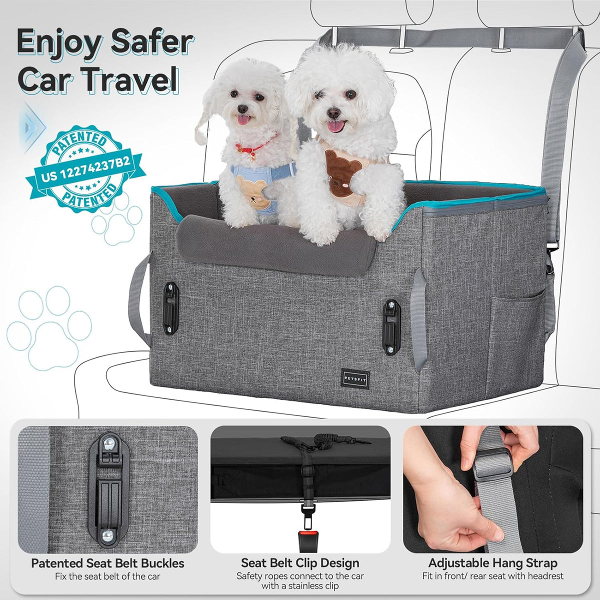 PETSFIT Dog Booster Car Seat for Small/Medium Dogs, Dog Car Seat for Medium Sized Dog with 2