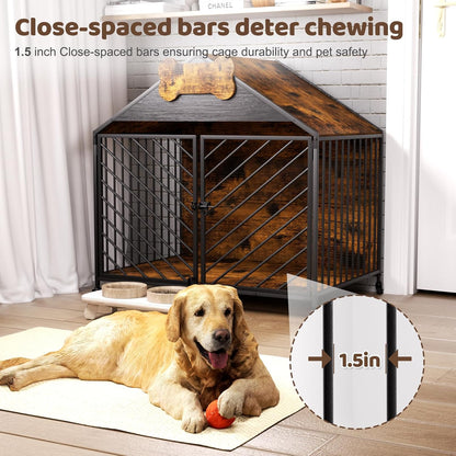 Heavy Duty Dog Crate Furniture for Large Breed - 39.4" Chew-Proof Kennel with Gable Roof, Double