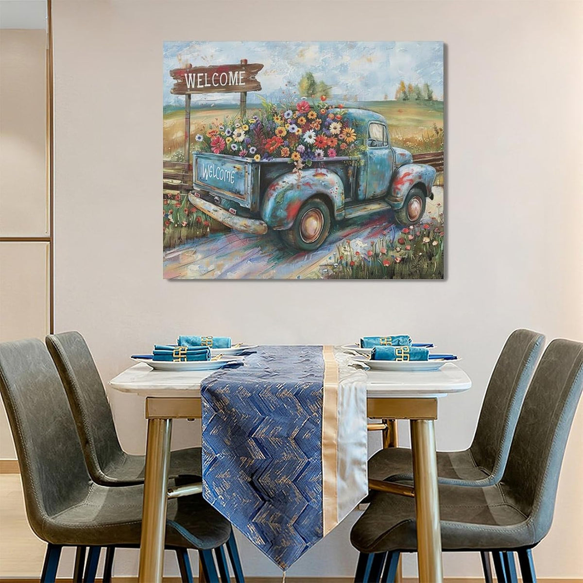 Farmhouse Truck Wall Art Rustic Country Wildflowers Wall Decor Road Flowers Landscape Pictures