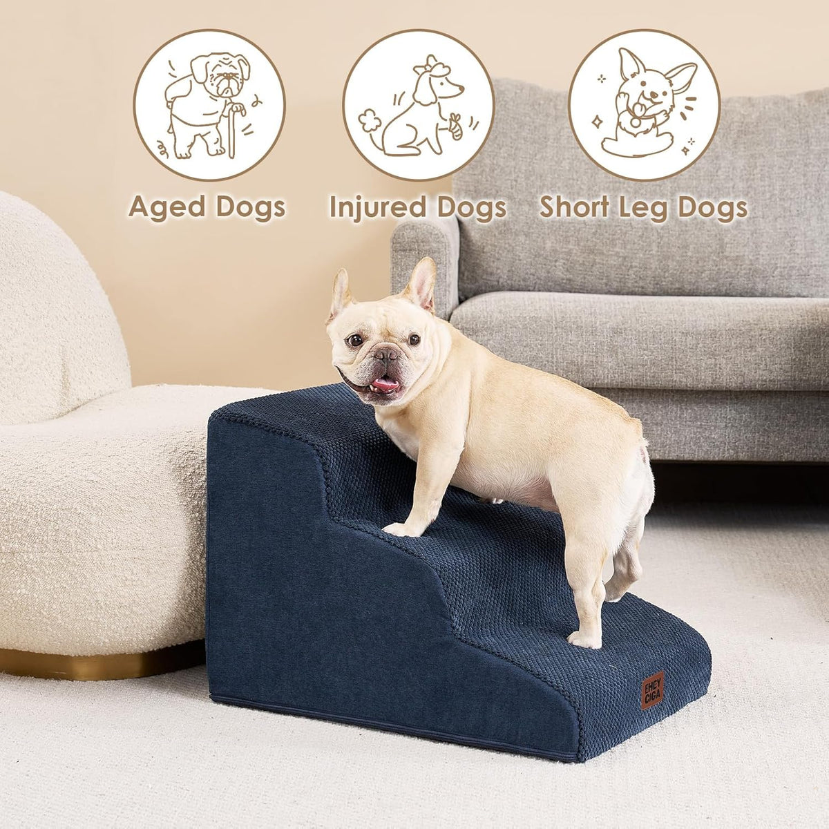 EHEYCIGA Curved Dog Stairs Ramp for Small Dogs 15.7" H, 3-Step Dog Steps for Couch Sofa and Chair